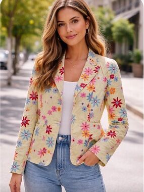 Johnny Was Pale Yellow Floral Embroidered Blazer
